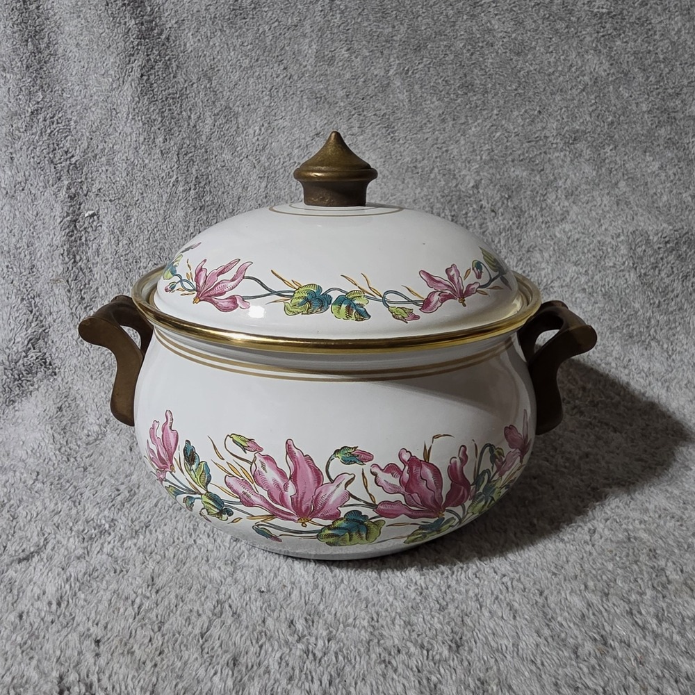 Vintage Normandy Dutch Oven Pot Enamelware Pink Lily Design with Brass Handles